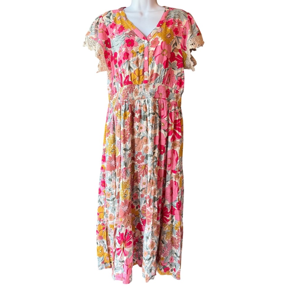 Baltic Born Floral Midi Dress Size Large Pink Boho Crochet Lace Cottagecore